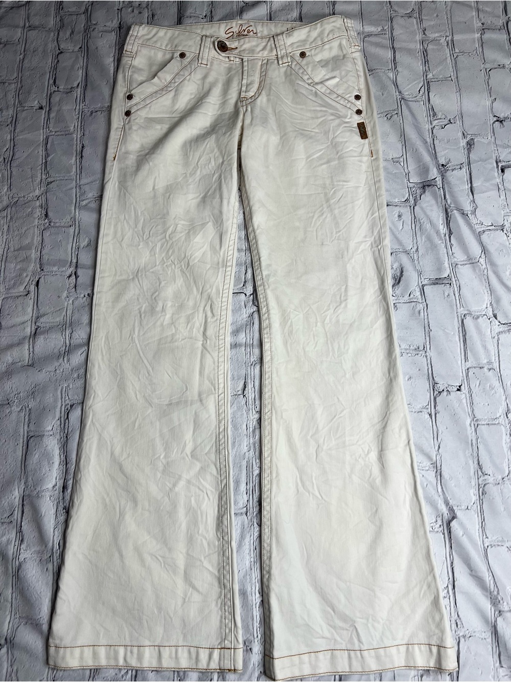 Silver liberty jeans size 27 ivory with brown trim flared leg